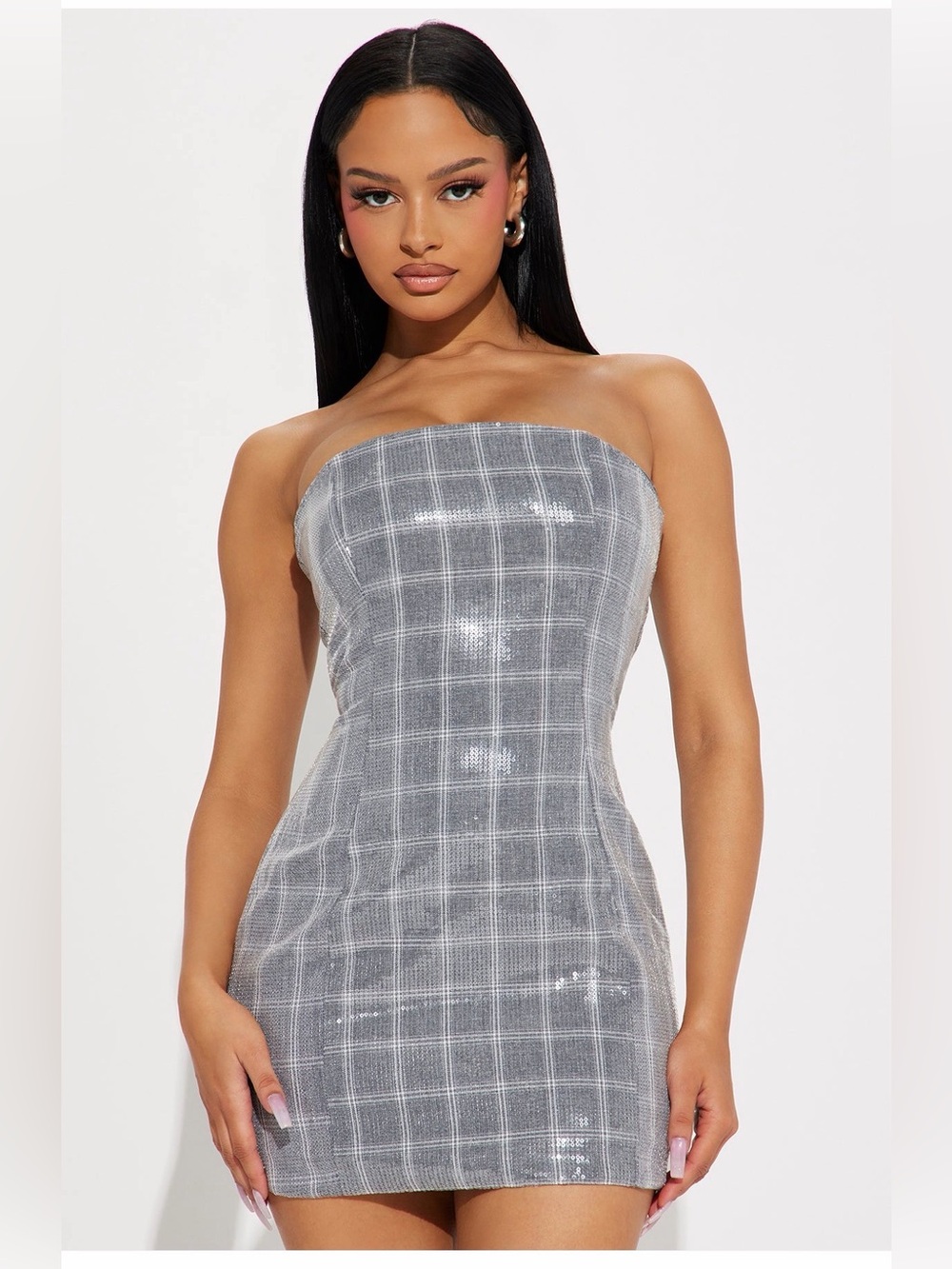 Fashion Nova Strapless Silver Plaid Sequin Mini Dress